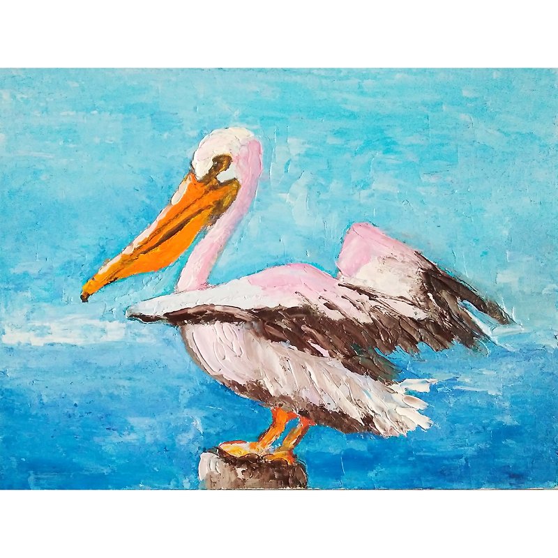 Pelican Original Painting, Bird Artwork, Animal Wall Art, Small Oil Art, 手工油畫 - โปสเตอร์ - วัสดุอื่นๆ หลากหลายสี