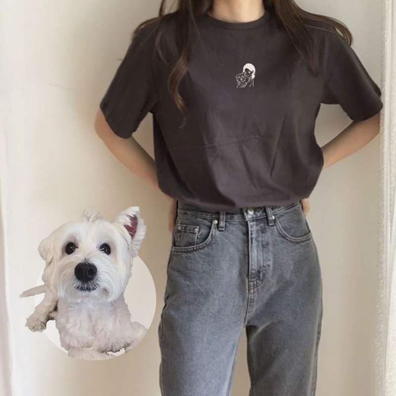 [Exclusive pet stylized hand-painted] Cute pet x Lines minimalist line heavy drape T-shirt - ภาพวาดบุคคล - ผ้าฝ้าย/ผ้าลินิน ขาว