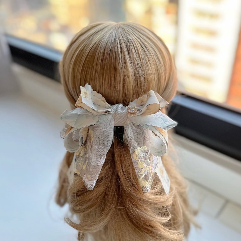 Exclusive lace bow intersecting clip banana clip fairy clip hair clip - ink yellow - Hair Accessories - Other Materials Yellow