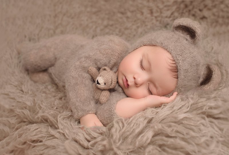 Newborn photo prop teddy bear soft  knit outfit ,Knitr Bear bonnet - ชุดทั้งตัว - ขนแกะ สีนำ้ตาล