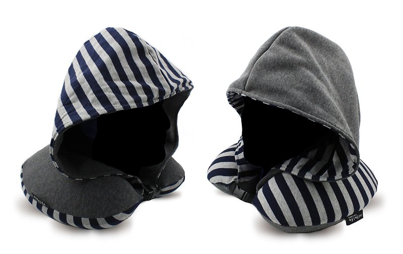 Strip Nevy Blue Grey Hoodie Memory Foam Neck Cushion (with storage bag) - Hats & Caps - Cotton & Hemp 