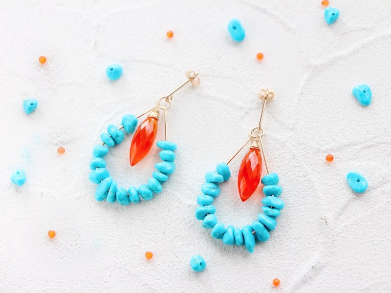 14kgf-beauty turquoise and carnelian pierced earrings /can change to clip-on - 耳環/耳夾/耳骨夾 - 其他金屬 藍色