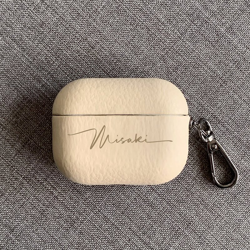 Airpods / Airpods Pro Headphone Storage Leather Case Custom Name Beige - Headphones & Earbuds Storage - Faux Leather Khaki