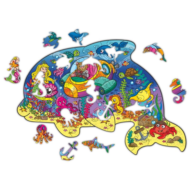 Wooden Puzzles Dolphin Artistic Puzzles 58 Elements Family Leisure Child Develop - Board Games & Toys - Wood Brown