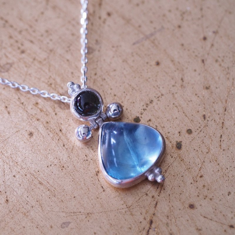 藍綠色螢石 電氣石 純銀設計款項鍊 Teal Fluorite Tourmaline - 項鍊 - 半寶石 藍色