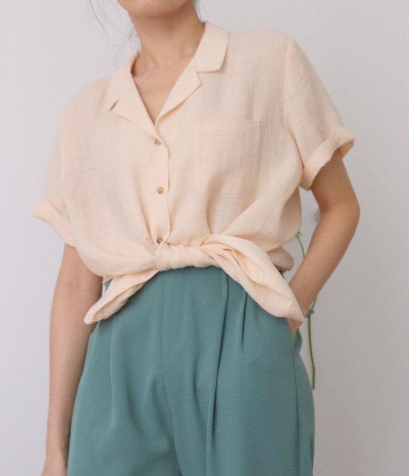 微瑕樣品出清May Shirt- 粉黃色純亞麻短袖襯衫  - 恤衫 - 棉．麻 