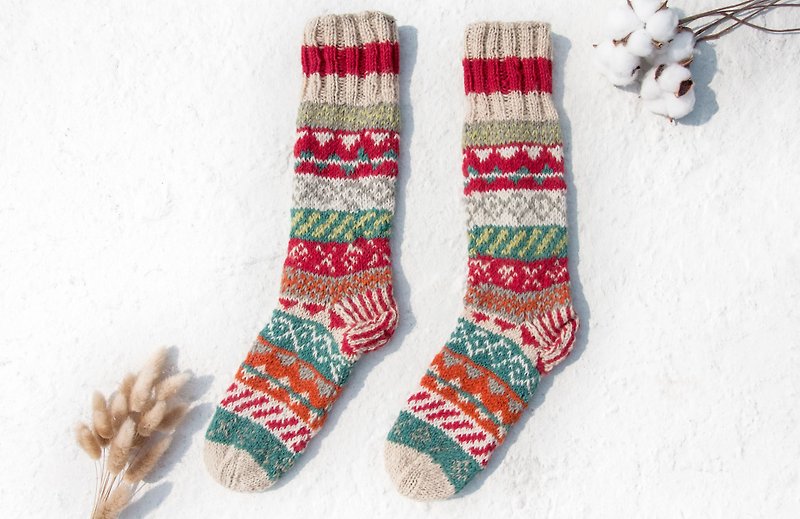 Hand-woven wool knit socks / striped socks / wool crocheted stockings / warm socks - Nordic Fair Island ethnic style - ถุงเท้า - ขนแกะ หลากหลายสี
