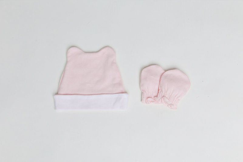 熊熊帽手套組合(粉/水藍) - 彌月禮盒 - 棉．麻 粉紅色