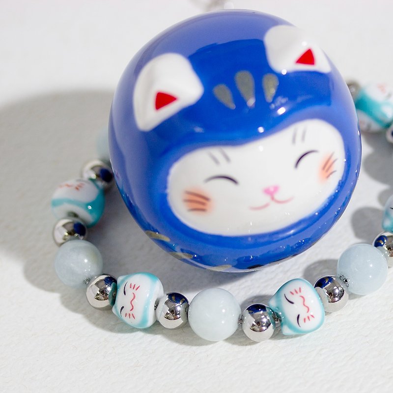 [Lucky Cat] Aquamarine Stainless Steel Bracelet for Academic Luck - สร้อยข้อมือ - คริสตัล สีเงิน