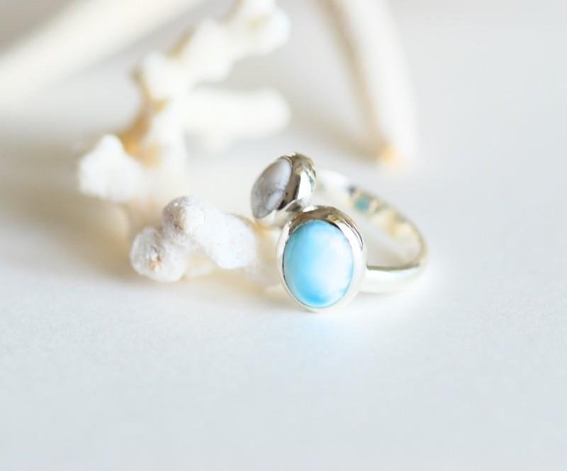 Larimar Double Stone Ring (Light Blue Color) [Made to order] - แหวนทั่วไป - เครื่องเพชรพลอย สีน้ำเงิน