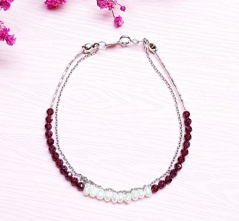 <Birthstone January - Stone GARNET> Garnet section 925 sterling silver pearl double bracelet - Bracelets - Sterling Silver Red