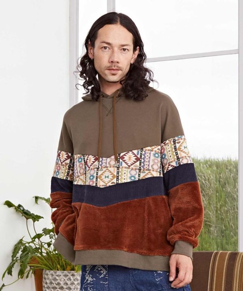 [Popular Pre-order] Men's floral patchwork corduroy hoodie (3 colors) CAA-4317 - เสื้อฮู้ด - วัสดุอื่นๆ 