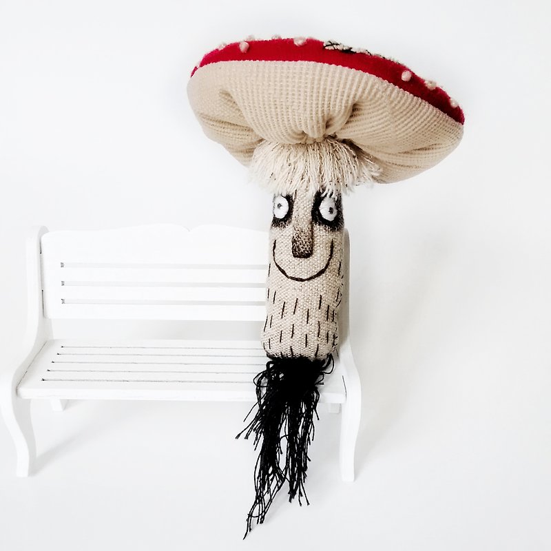 Mushroom art doll, Funny embroidered textile mushroom handmade, Amanita muscaria - Stuffed Dolls & Figurines - Cotton & Hemp Multicolor