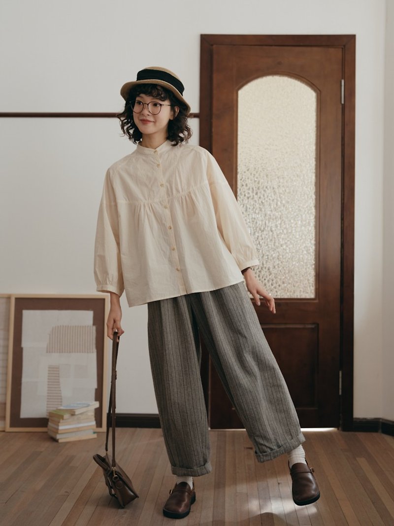 Striped Linen and linen loose elastic waist balloon pants casual pants Japanese style outfit for spring - กางเกงขายาว - ผ้าฝ้าย/ผ้าลินิน สีกากี