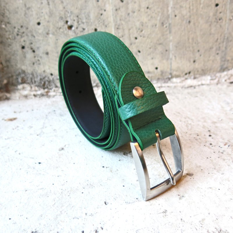 3.5cm Wide Stainless Steel Head Stitched Leather Belt Green Litchi Pattern Italian Leather [LBT Pro] - เข็มขัด - หนังแท้ สีเขียว