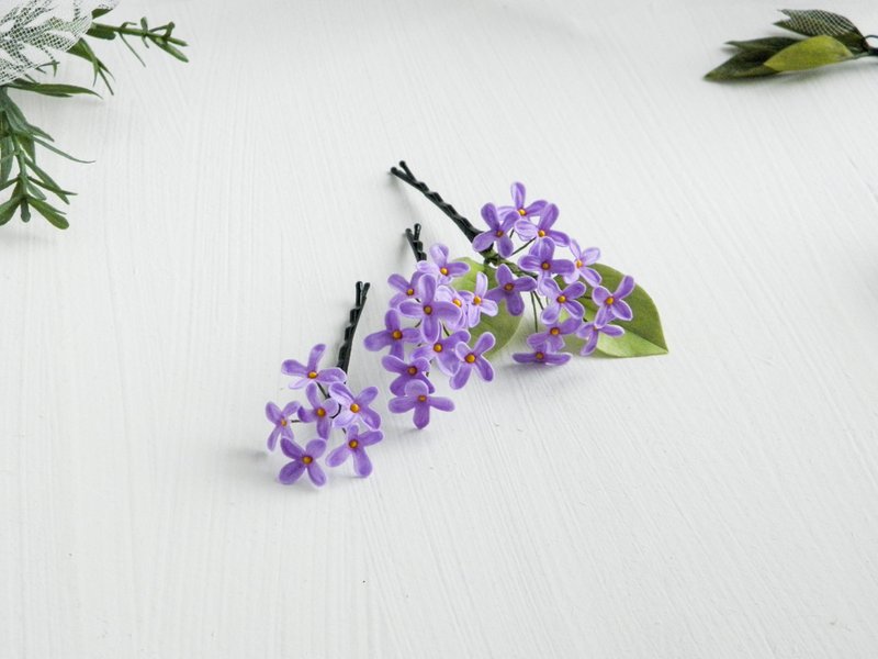 Lilac flowers hair pins bride Floral wedding headpiece - 髮夾/髮圈 - 其他材質 紫色