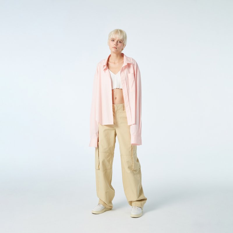 10 MOOn 時髦大口袋oversize密桃粉色襯衫 - 恤衫 - 棉．麻 粉紅色