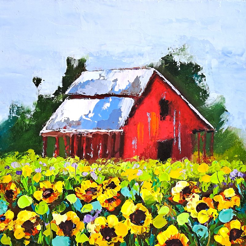 Sunflowers Painting Texas Original Art Red Barn Oil Painting Flowers Small Art