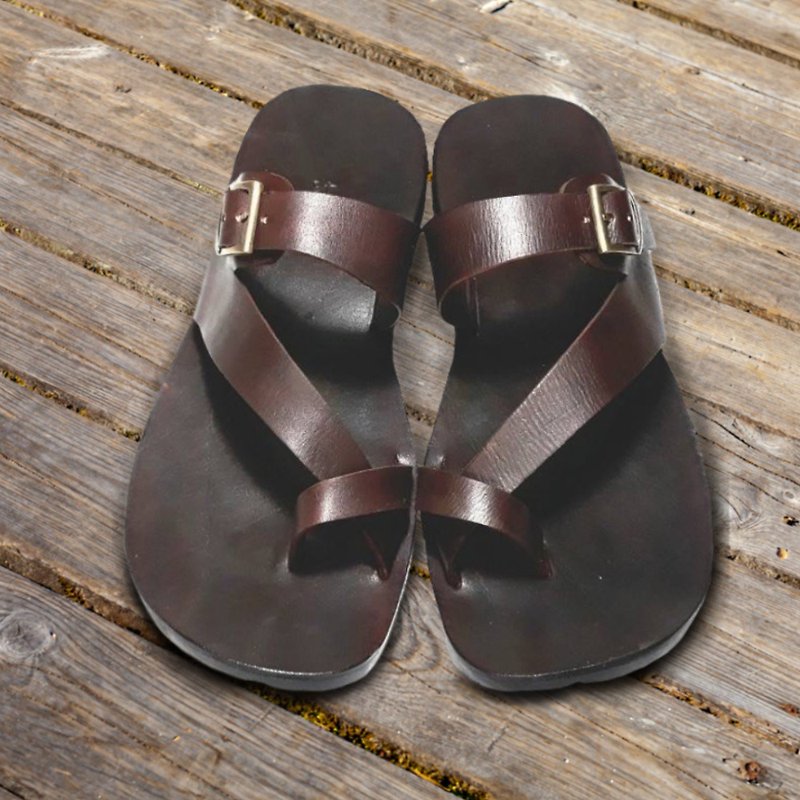真皮 涼鞋 咖啡色 - Handmade leather buckle strap sandals brown color