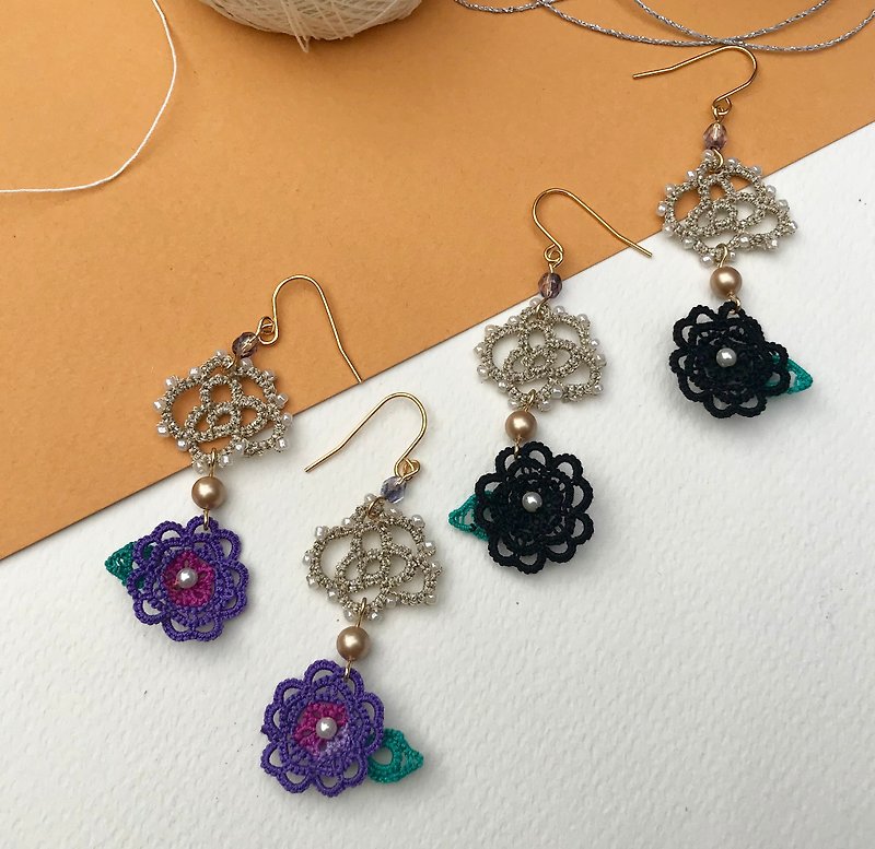 Tatted flower earrings / gift / Swarovski crystal pearl/ customize - Earrings & Clip-ons - Cotton & Hemp Purple