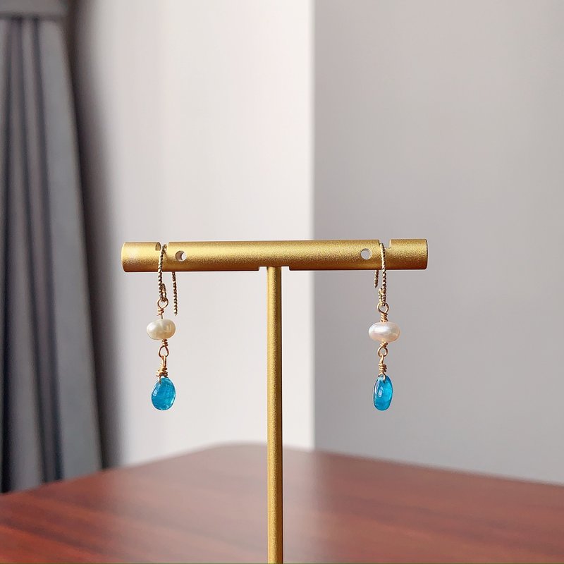 Yuan Cuèi - British Blue Blue Stone Freshwater Pearl, 14K Gold Injection Earrings - Earrings & Clip-ons - Gemstone Blue