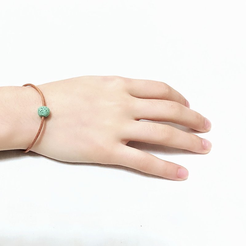 Aqua Green Lava Bead Diffuser Thin Brown Leather Bracelet with Extend Chain - สร้อยข้อมือ - หนังแท้ สีเขียว