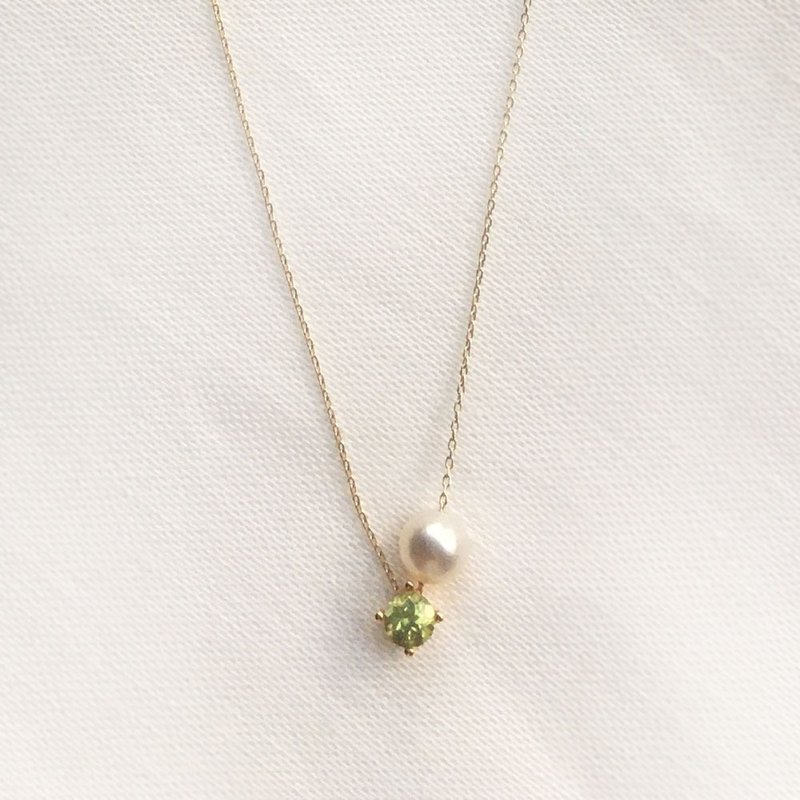 K10/SV925 Peridot Necklace, August Birthstone, Pearl Dainty Necklace - 項鍊 - 寶石 綠色