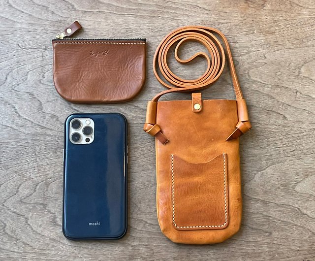 Handmade Adjustable Leather Phone Bag With Pocket - Navy Blue, godi.