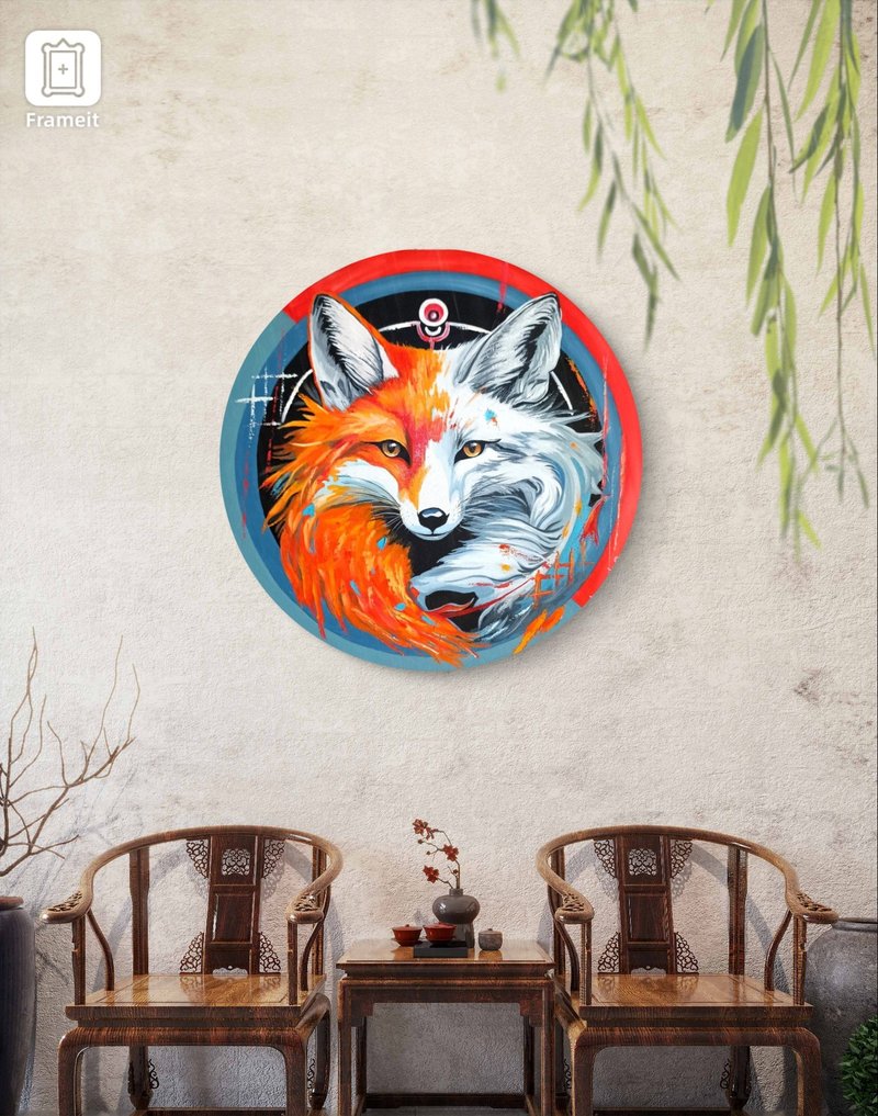 Painting Totem Fox Original Art Oil Painting on Canvas, Wall Decor Animals - 壁貼/牆壁裝飾 - 其他材質 多色