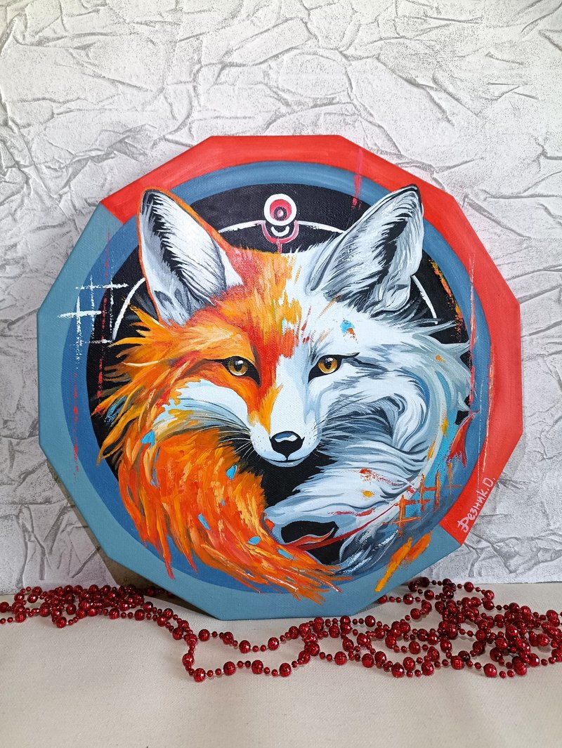 Painting Totem Fox Original Art Oil Painting on Canvas, Wall Decor Animals - ตกแต่งผนัง - วัสดุอื่นๆ หลากหลายสี