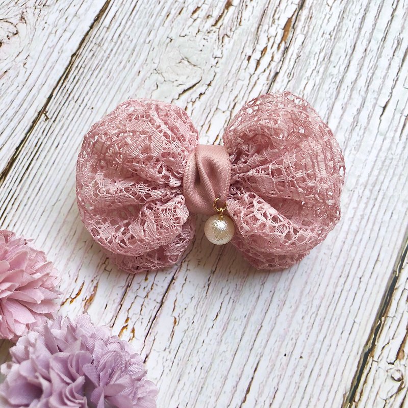 Double lace round bow hairpin or hair ring / rouge - Hair Accessories - Other Materials Pink