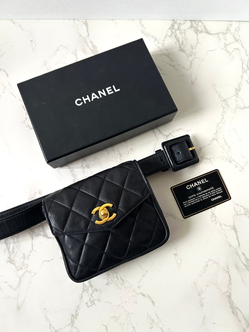 稀有中古二手Chanel黑色旋轉金扣單肩腋下小包腰帶側揹斜背手袋 - 側背包/斜背包 - 真皮 黑色