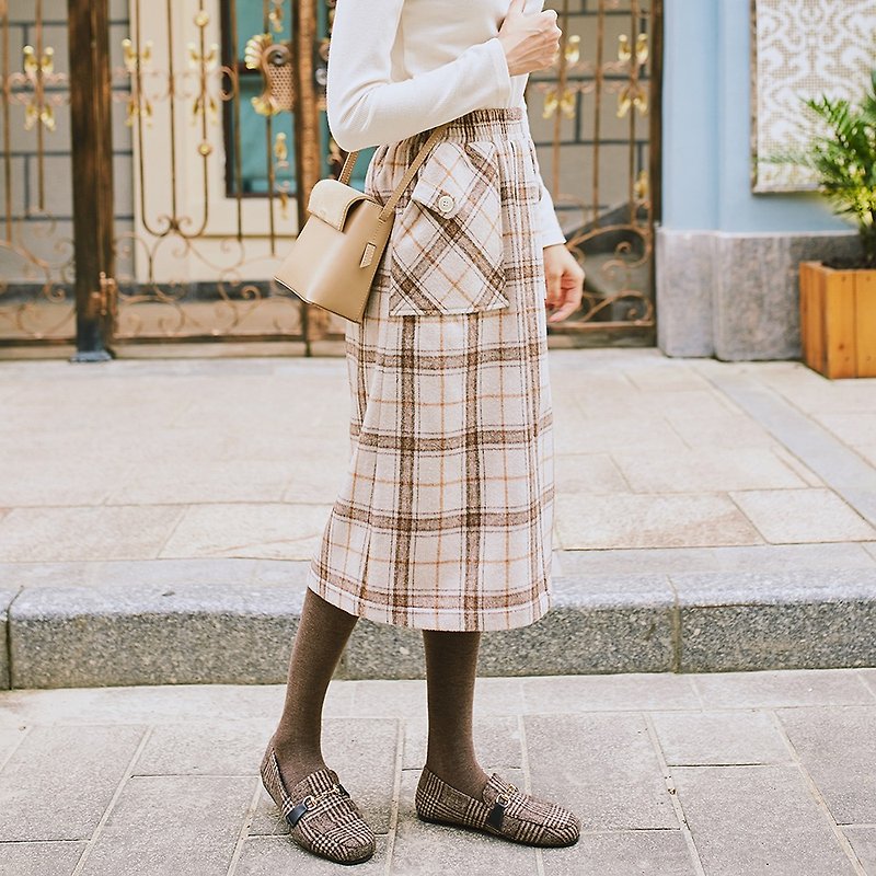 2018 women's winter wear elastic waist plaid skirt XDW81370 - Skirts - Polyester Khaki