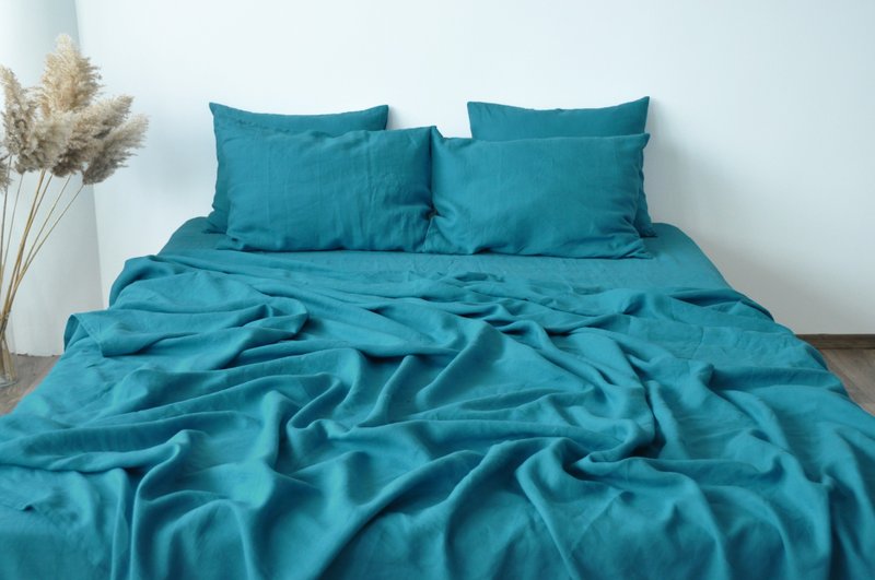 Sea wave linen sheet set / Flat+fitted sheet+2 pillowcases / Blue bedding - เครื่องนอน - ลินิน สีน้ำเงิน