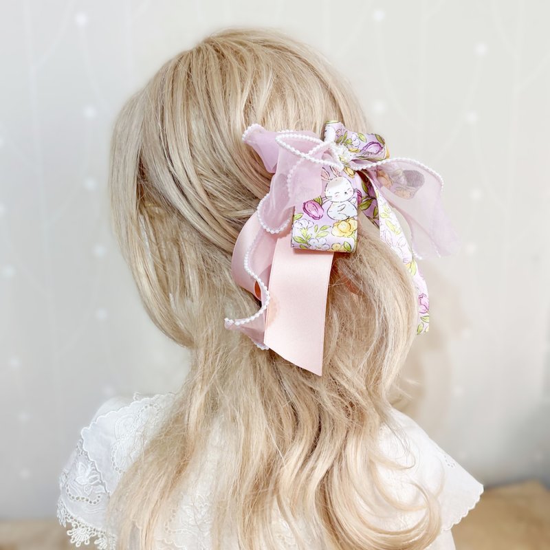 French Pearl Tulle Fairy Clip - Pink Rabbit, Claw Clip, Banana Clip, Spring Clip, Hair Tie, Hairpin, Grip Clip - Hair Accessories - Other Materials Pink