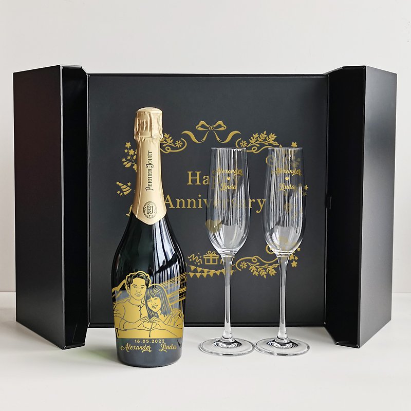 Perrier-Jouët Champagne Couple Gift Wedding Anniversary Gift Customized Portrait Name Double Cup Gift - ภาพวาดบุคคล - แก้ว 