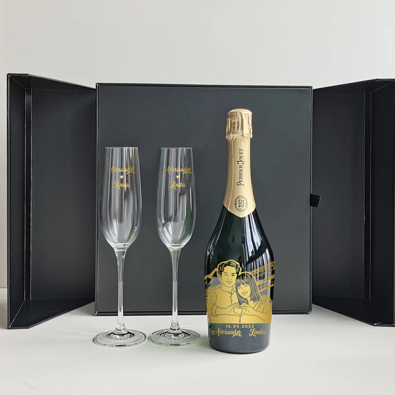 Perrier-Jouët Champagne Couple Gift Wedding Anniversary Gift Customized Portrait Name Double Cup Gift - แอลกอฮอล์ - แก้ว 