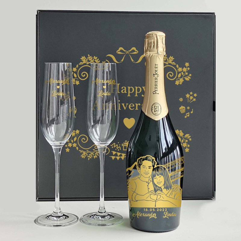 Perrier-Jouët Champagne Couple Gift Wedding Anniversary Gift Customized Portrait Name Double Cup - Wine, Beer & Spirits - Glass 