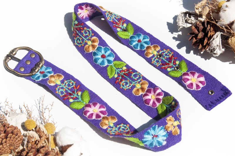 手工編織羊毛腰帶 手工刺繡腰封 手工梭織皮帶-南美洲刺繡花朵 - 皮帶/腰帶 - 羊毛 紫色