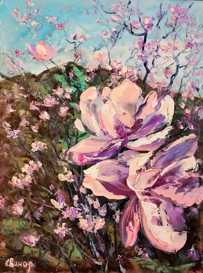 Oil Painting Flower Pink Magnolia Bushes Impasto Original Artist Svinar Oksana - 其他 - 其他材質 多色