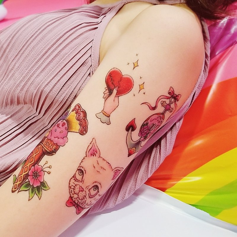 Ice cream, cat, heart, donut anchor - temporary tattoo sticker set - สติ๊กเกอร์แทททู - กระดาษ 
