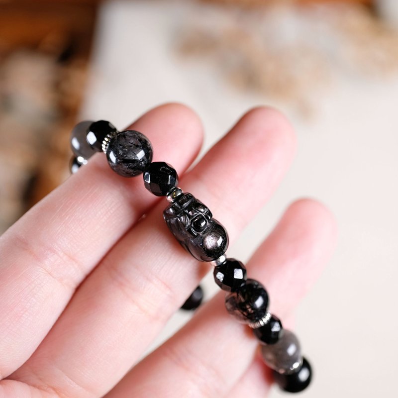 Gold luck stone black hair crystal black backbone sun Stone black tourmaline Pixiu 925 Silver bracelet - Bracelets - Crystal Black