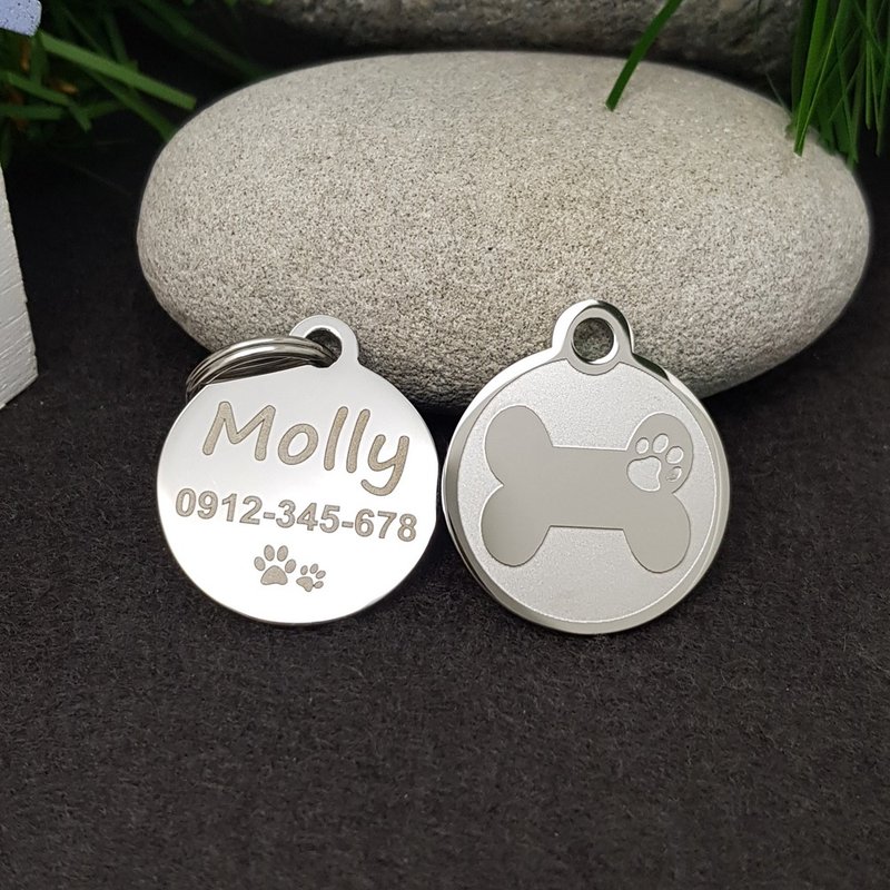 【Fulgor Jewel】寵物吊牌 名牌 客製狗牌 免費刻字 骨頭腳印 - 項圈/牽繩 - 不鏽鋼 銀色