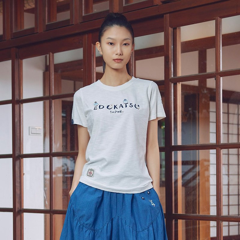 Edo Katsuri Munny Bird Embroidered LOGO Short Sleeve T-Shirt - Ladies (Off-White) #衣 - Women's T-Shirts - Cotton & Hemp White