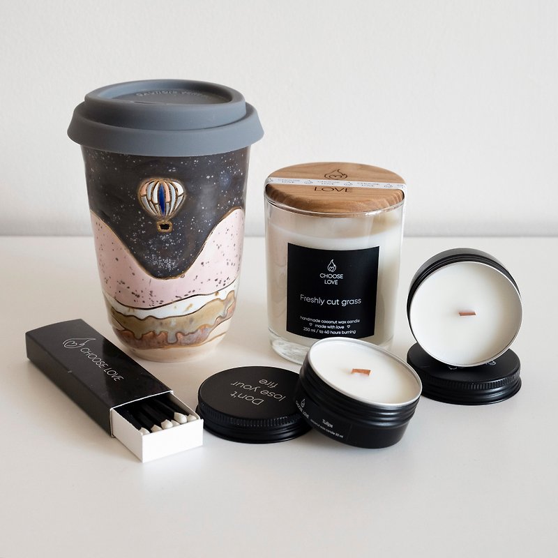 Ceramic travel mugs set, candle gift set, aroma gift set, Mug with lid ceramic - Pottery & Ceramics - Pottery 