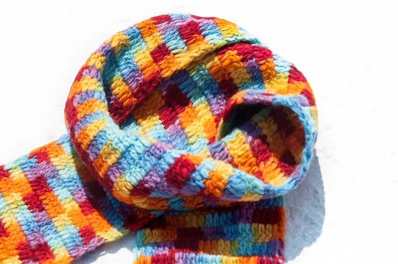 Hand-woven pure wool scarf / knit scarf / crochet striped scarf / handmade knit scarf - Rainbow World - ผ้าพันคอถัก - ขนแกะ หลากหลายสี