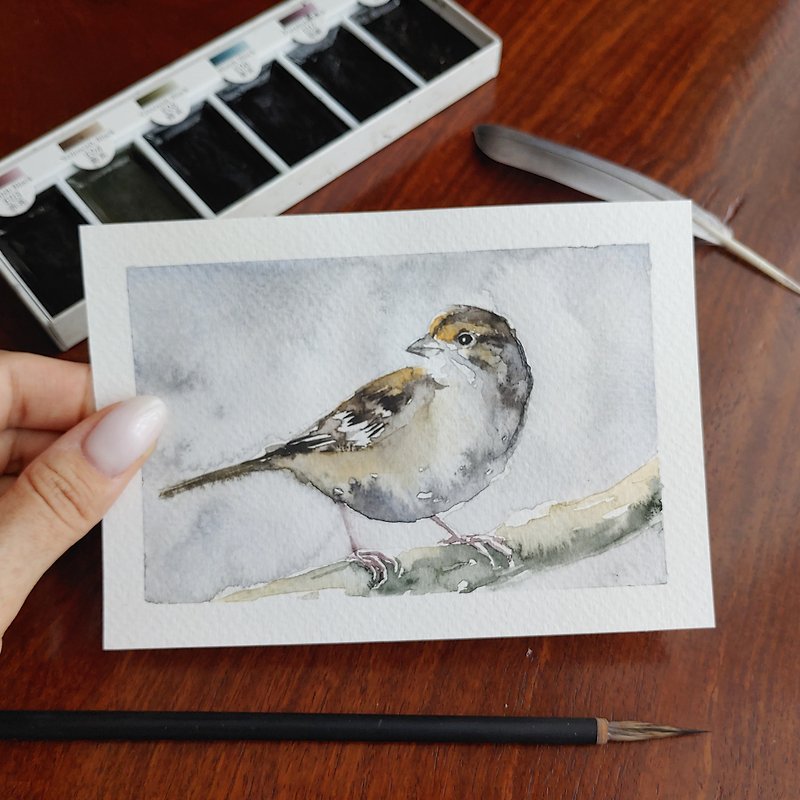 Bird is sitting on a branch. Original watercolor bird postcard