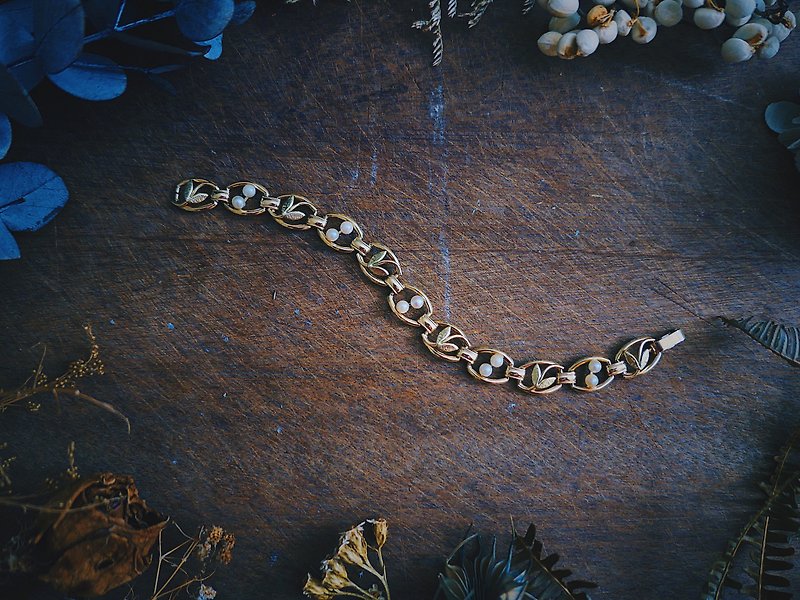 Krementz 珍珠刷紋小葉手鍊 - 美國古董首飾 Vintage Jewelry - 手鍊/手鐲 - 珍珠 