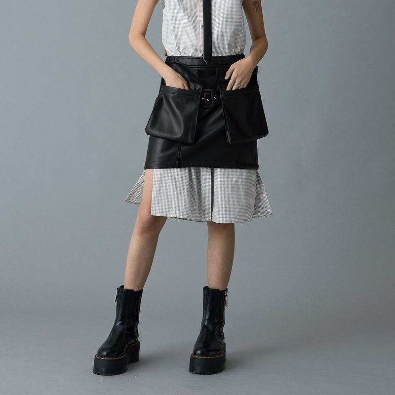 Detachable leather skirt with large pockets - กระโปรง - หนังเทียม สีดำ