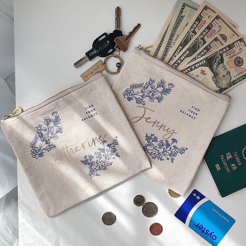 [Customized] Hot Stamping Name Cosmetic Bag (Bottomless) - American Flower | Wedding, Birthday, Valentine's Gift - Toiletry Bags & Pouches - Cotton & Hemp Khaki